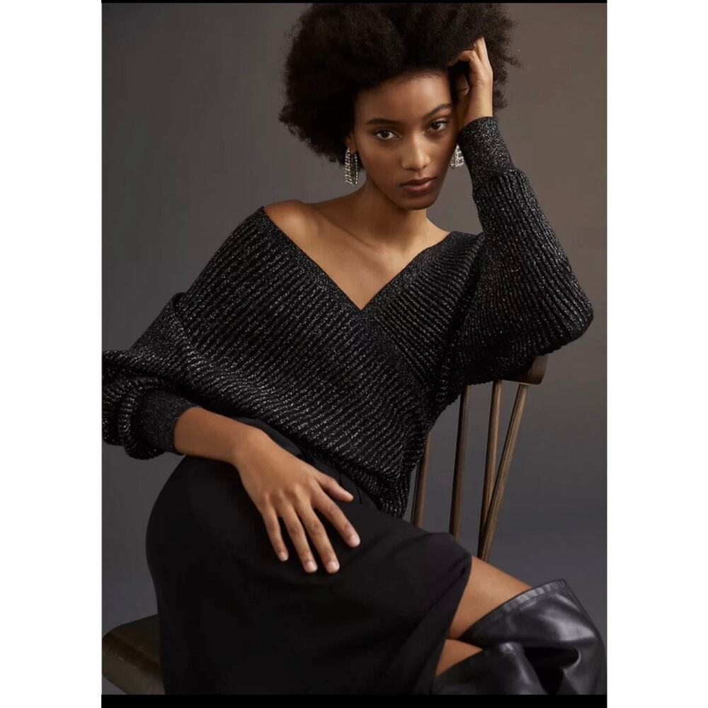 Anthropologie Shimmer Surplice Pullover Sweater Top Black Metallic - Large